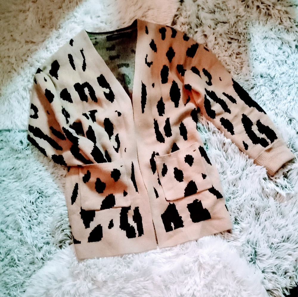 •Animal Print Tan & Blk Open Cardigan Sz M• - Picture 1 of 5